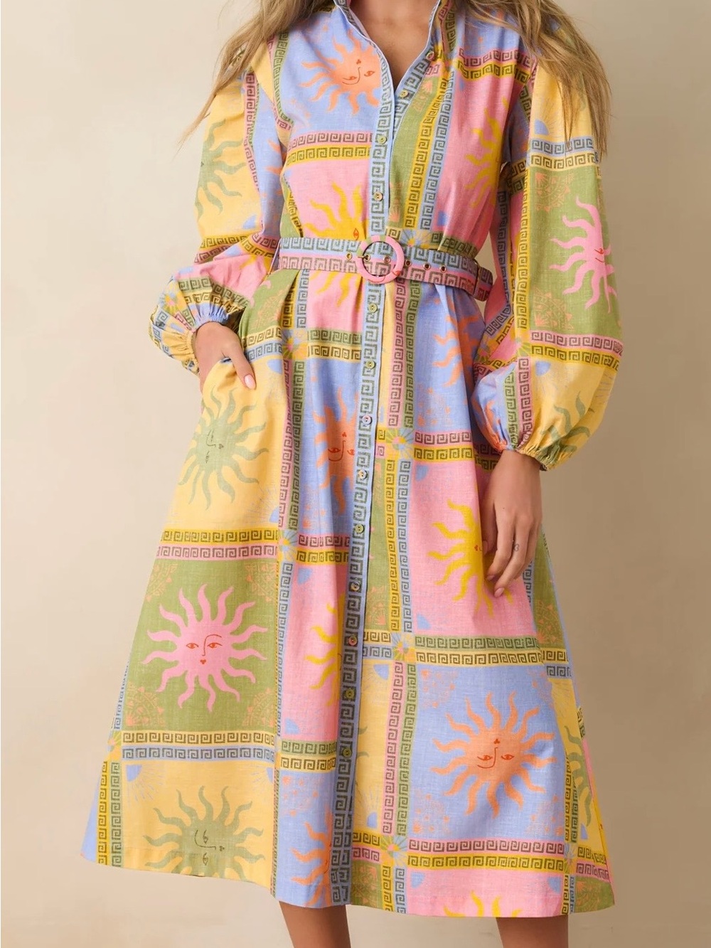 PARADISA ANNA MARIA MULTI SUN PRINT LINEN BLEND MIDI DRESS  XS NWT